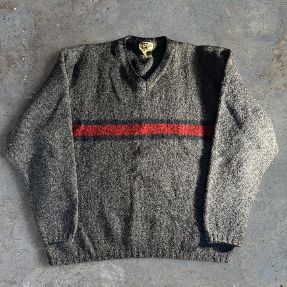 Vintage Adirondack ATC Gray Wool Blend V-Neck Sweater USA Made Striped XL